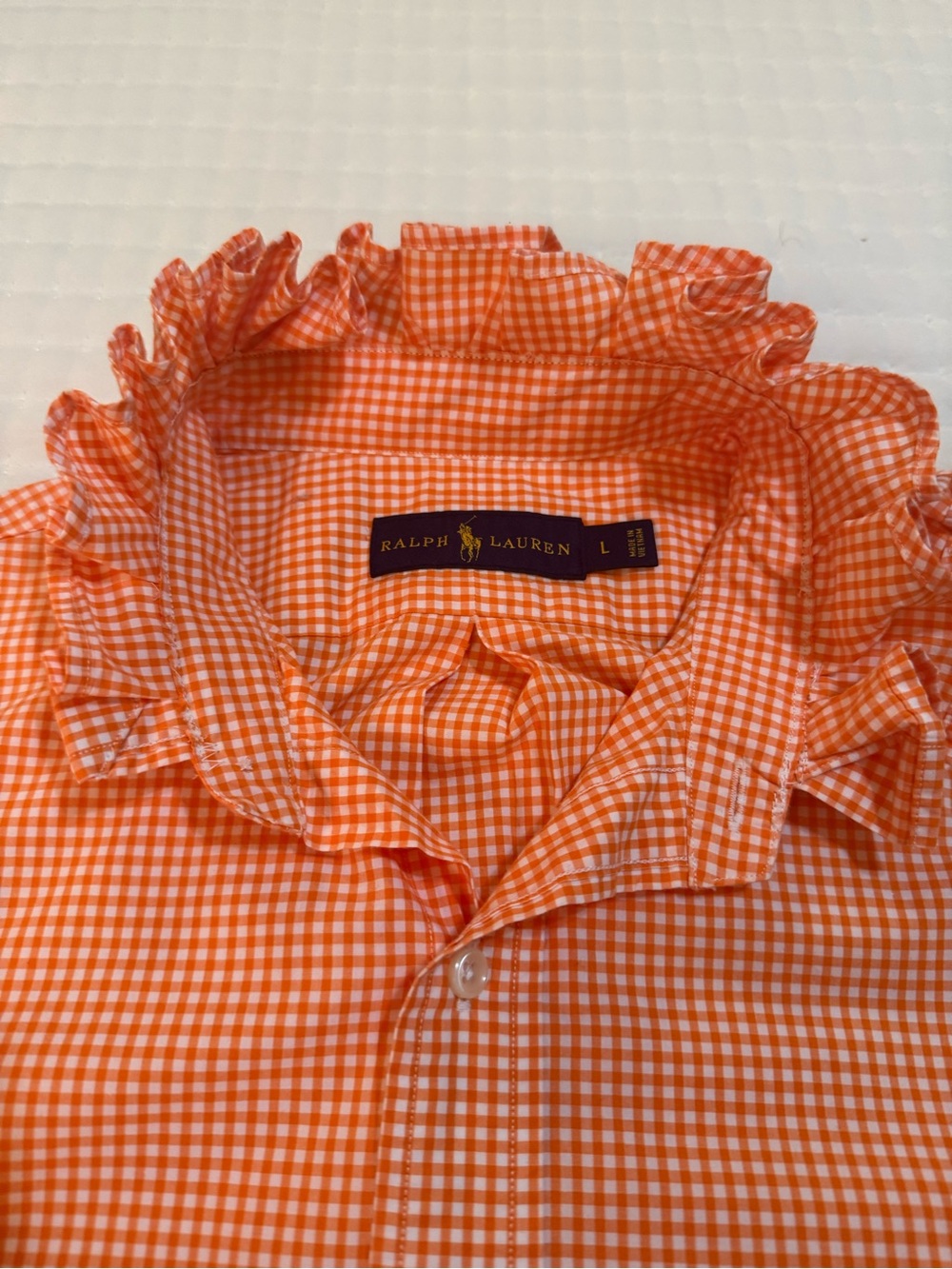 Upcycled Men’s Ralph Lauren Orange Gingham Ruffle-Collar Button Shirt - Picture 5 of 8